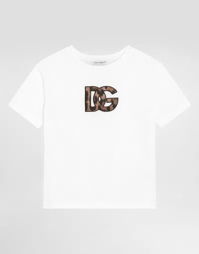 Dolce & Gabbana Kids' Jersey T-shirt With Leopard-print Dg Patch In Gray