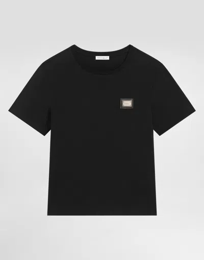Dolce & Gabbana Kids' Jersey T-shirt With Logo Plate In Black