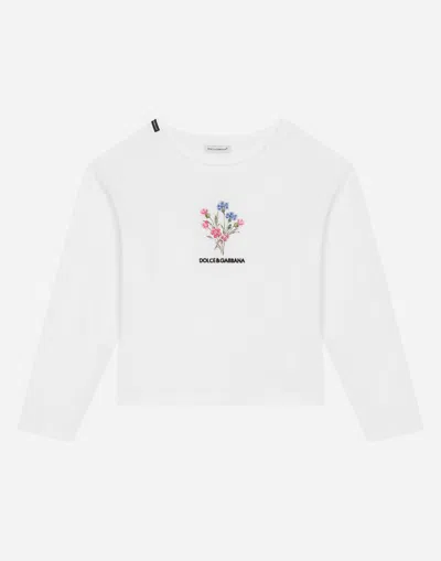 Dolce & Gabbana T-shirt Manica Lunga In Jersey Con Ricamo Floreale In White