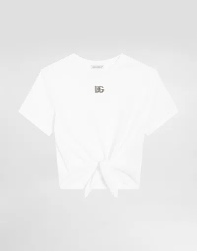 Dolce & Gabbana Kids' Jersey T-shirt With Metal Dg Logo In White