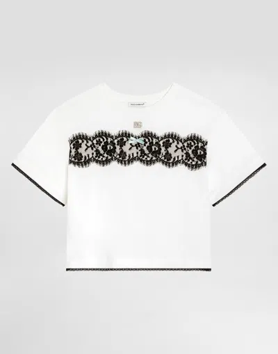 Dolce & Gabbana Kids' Jersey T-shirt With Metallic Dg Logo With Rhinestones In White