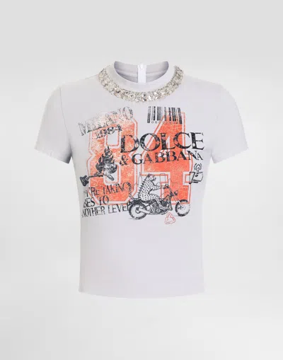 Dolce & Gabbana Jersey T-shirt With Print And Crystals In Gray