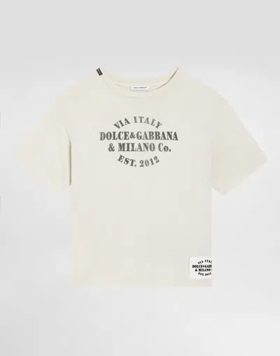 Dolce & Gabbana Kids' Jersey T-shirt With Print And Logo Patch In White