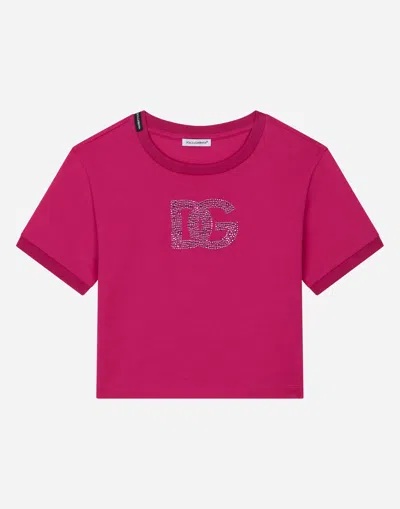 Dolce & Gabbana Jersey T-shirt With Rhinestone Logo In Fuchsia