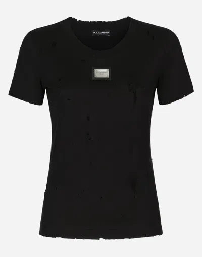 DOLCE & GABBANA JERSEY T-SHIRT WITH RIPS AND DOLCE&GABBANA TAG