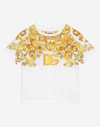 Dolce & Gabbana Jersey T-shirt With Yellow Majolica Print And Dg Logo