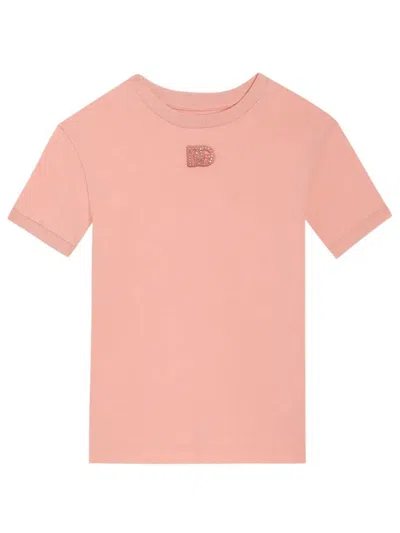 Dolce & Gabbana Kids' Jersey T-shirt With Dg Rhinestones Logo In Pink