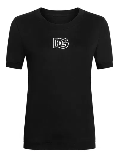 Dolce & Gabbana Jersey T-shirt With Logo Embroidery On Neck For Women In Black