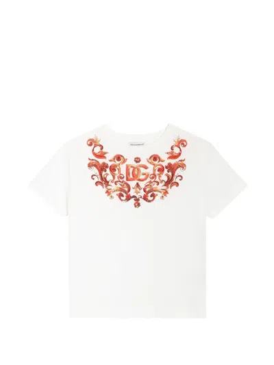Dolce & Gabbana Kids' Jersey T-shirt With Print And Sequin Embroidery In White