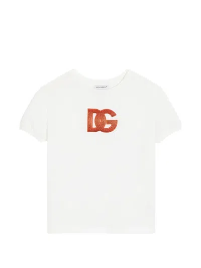 Dolce & Gabbana Kids' Jersey T-shirt With Sequin Logo Embroidery In White