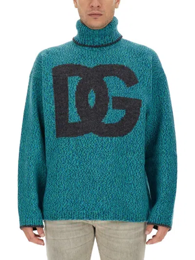 Dolce & Gabbana Intarsia Knit Dg Logo High-neck Sweater In Green