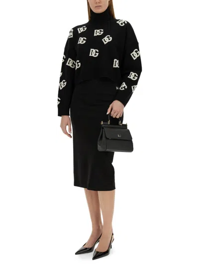 Dolce & Gabbana Cropped Wool Sweater With Dg Logo Inlay In Black