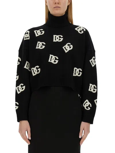 Dolce & Gabbana Cropped Wool Sweater With Dg Logo Inlay In Black