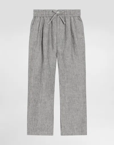 Dolce & Gabbana Jogging Trousers In Washed Linen Canvas In Gray