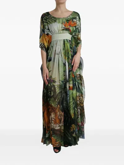Dolce & Gabbana Multicolor Silk Jungle Print Women Maxi Dress In Green