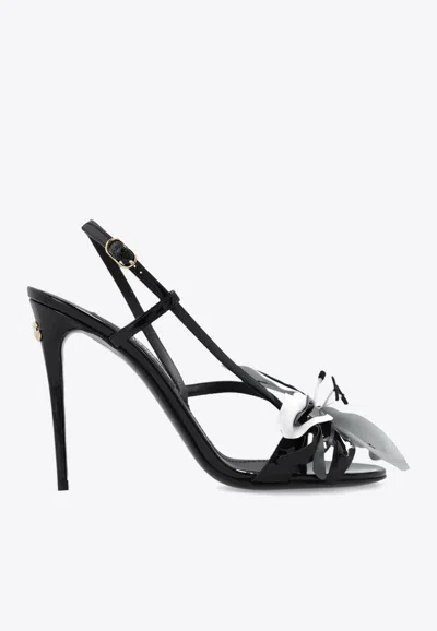 Dolce & Gabbana Keira 105 Floral Applique Sandals In Patent Leather In Black