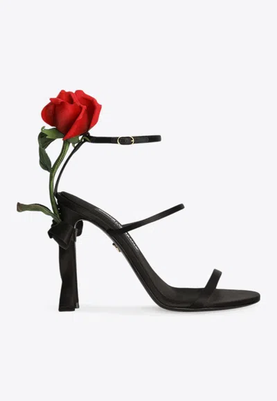 DOLCE & GABBANA KEIRA 105 SATIN SANDALS WITH ROSE APPLIQUE