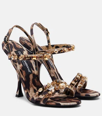 Dolce & Gabbana Leo Print Satin Rhinestone Embroidered Sandals In Animal Print