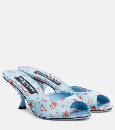 Dolce & Gabbana Keira Satin Mules With Little Roses Print In Blue