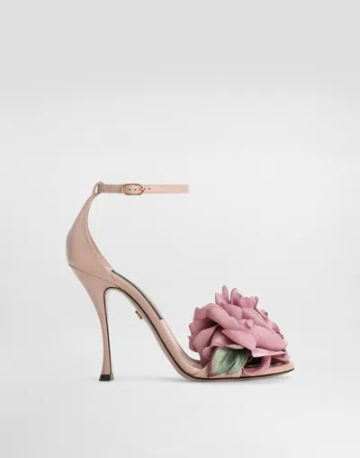 Dolce & Gabbana Keira Leather Sandals With Flower Application In Neutral