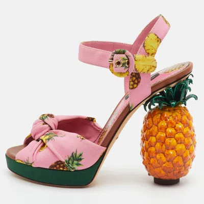 Pre-owned Dolce & Gabbana Keira Pineapple Size 37 Multicolor Fabric Ankle Strap Sandals