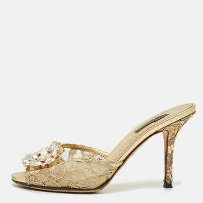 Pre-owned Dolce & Gabbana Keira Size 37.5 Gold Lace And Mesh Crystal Embellished Slide Sandals