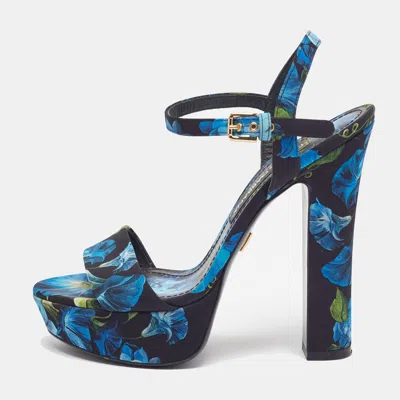 Pre-owned Dolce & Gabbana Keira Size 38 Blue Brocade Fabric Platform Sandals