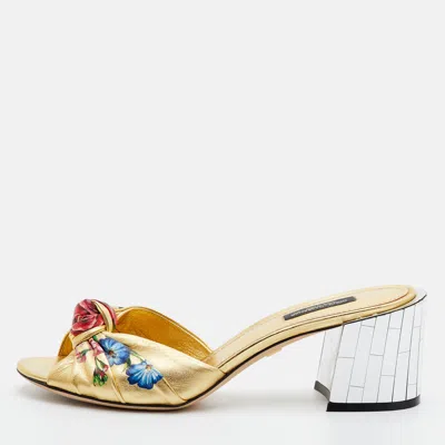 Pre-owned Dolce & Gabbana Keira Size 38 Gold Leather Knot Detail Mirrored Heel Slide Sandals