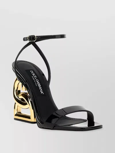 DOLCE & GABBANA 'KEIRA' SQUARE TOE PATENT LEATHER SANDALS WITH GOLD-TONE HEEL