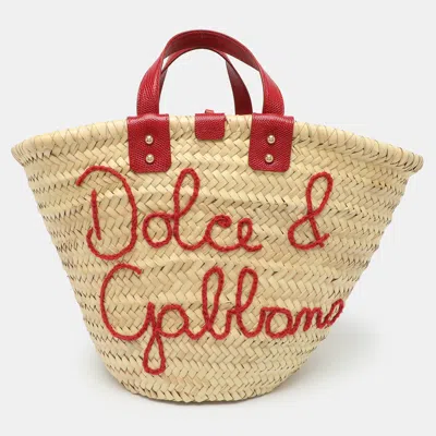 Pre-owned Dolce & Gabbana Kendra Beige/red Lizard Embossed Leather And Raffia Tote In Sand