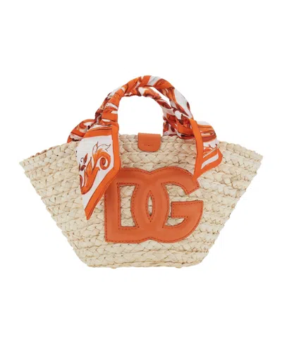 Dolce & Gabbana Kendra Logo-appliquéd Leather-trimmed Raffia Bucket Bag In Orange