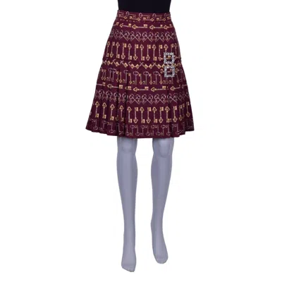 Pre-owned Dolce & Gabbana Keys Printed Jacquard Skirt With Brooch Bordeaux Red Gold 07056