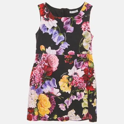 Pre-owned Dolce & Gabbana Kids Black Floral Print Cotton Knit Sleeveless Dress 3 Yrs