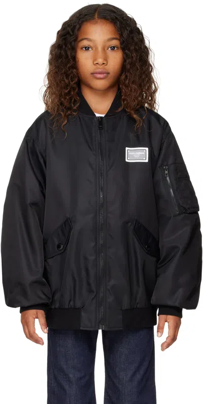 Dolce & Gabbana Kids Black Logo Bomber Jacket In N0000 Black