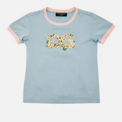 Pre-owned Dolce & Gabbana Kids Blue Dg Embroidered Cotton Crewneck T-shirt 4yrs