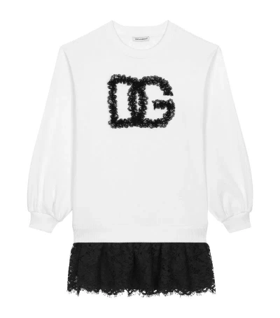 Dolce & Gabbana Kids' White Lace-logo Sweatshirt Dress