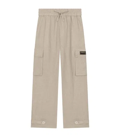 Dolce & Gabbana Kids' Linen Logo-patch Trousers (8-12+ Years) In Neutrals