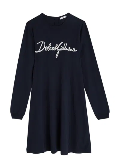 Dolce & Gabbana Kids Logo-embroidered Wool Dress (12-13 Years) In Blue