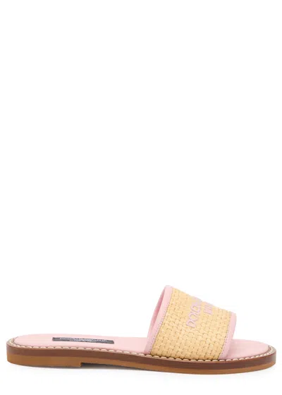 Dolce & Gabbana Kids Logo Raffia And Leather Sliders (it28-it36) In Yellow
