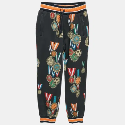 Pre-owned Dolce & Gabbana Kids Navy Blue Medal Print Jersey Knit Joggers 6 Yrs