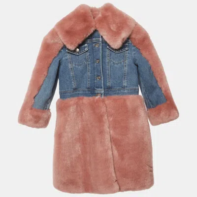 Pre-owned Dolce & Gabbana Kids Peach/blue Denim & Fur Jacket Dress 3 Yrs In Pink