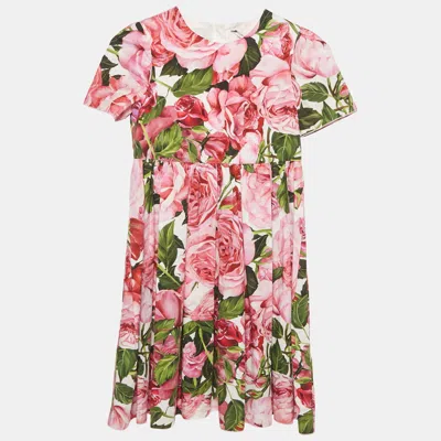 Pre-owned Dolce & Gabbana Kids Pink Floral Print Poplin Dress 7/8 Yrs