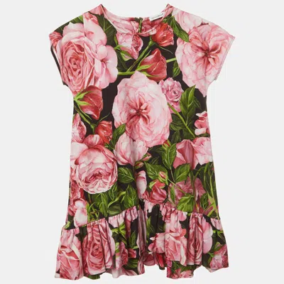 Pre-owned Dolce & Gabbana Kids Pink/green Rose Print Jersey Dress 5yrs