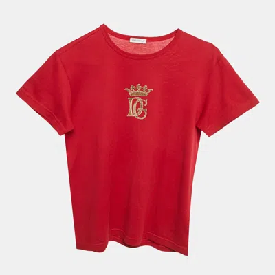 Pre-owned Dolce & Gabbana Kids Red Crown Logo Embroidered Cotton T-shirt 9/10 Yrs