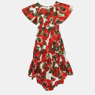 Pre-owned Dolce & Gabbana Kids Red Floral Print Cotton Tiered Dress And Shorts Set 24-30 M