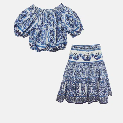 Pre-owned Dolce & Gabbana Kids White Blue Majolica Print Cotton Top & Skirt Set 7/8 Yrs