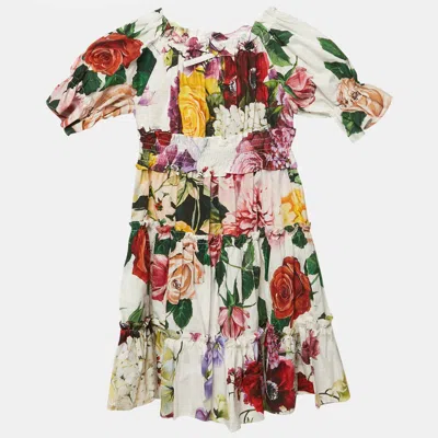 Pre-owned Dolce & Gabbana Kids White Floral Print Cotton Tiered Dress 3 Yrs