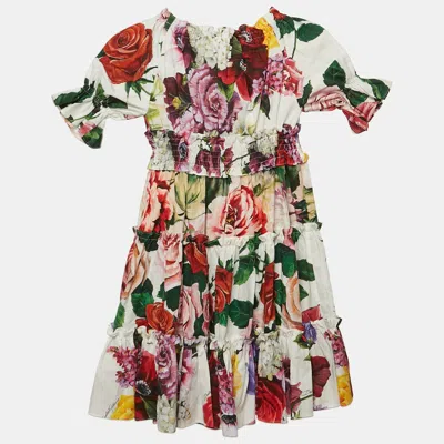 Pre-owned Dolce & Gabbana Kids White Floral Print Cotton Tiered Dress 4 Yrs
