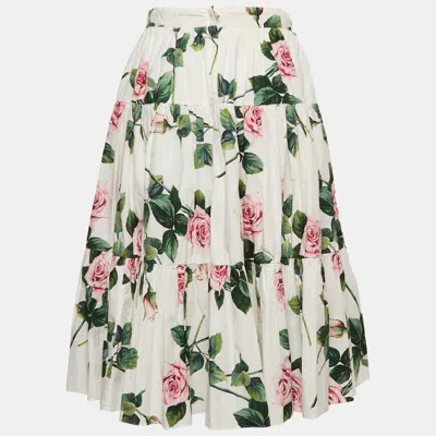 Pre-owned Dolce & Gabbana Kids White Floral Print Cotton Tiered Skirt 11-12 Years
