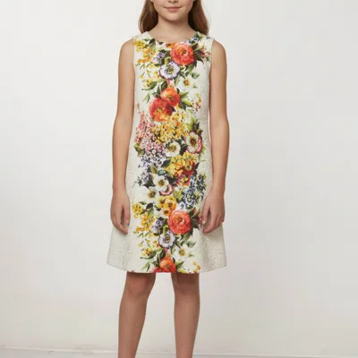 Pre-owned Dolce & Gabbana Kids White Floral Print Jacquard Mini Dress 7-8 Yrs